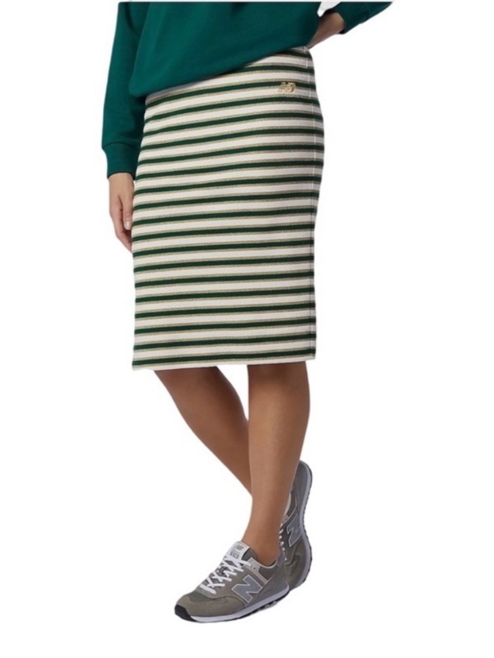 New Balance Medium Lurex Metallic Gold Green Stripe Pencil Midi Skirt